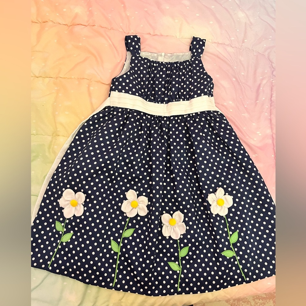 American Princess Navy Blue Polka Dot Dress with Floral Design